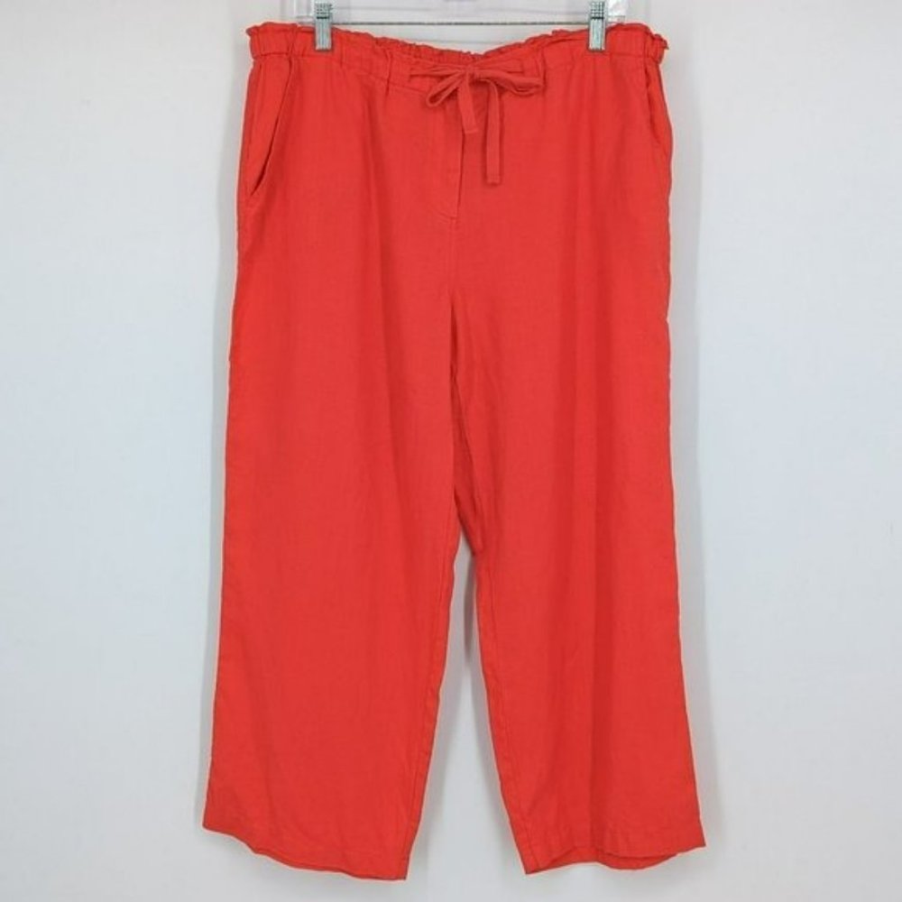Jones New York Sport Crop Pants 14 Red 100% Linen Elastic Tie Waist Side Pocket